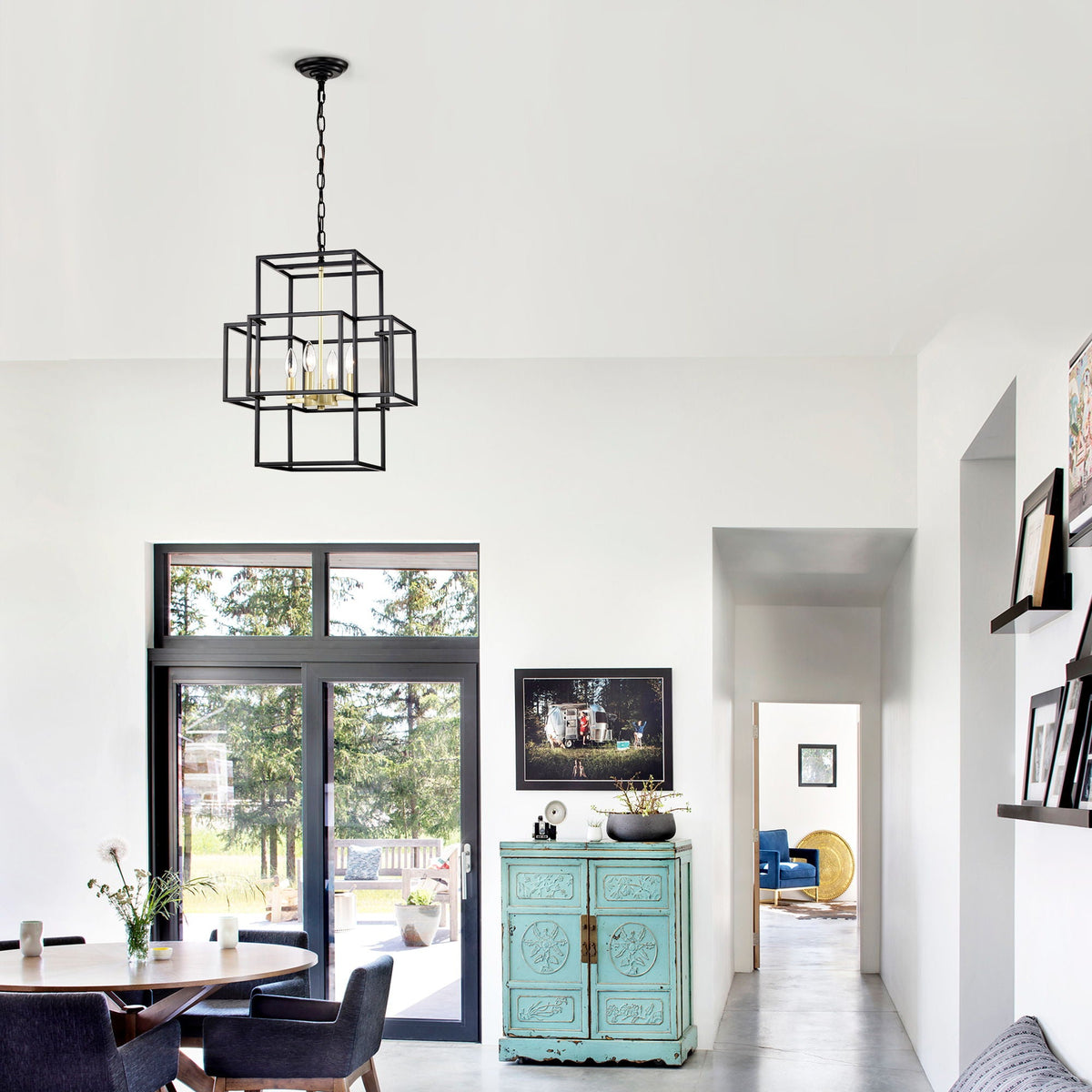 4 Light Metal Lantern Pendant Light with Adjustable Height - Black or Gold
