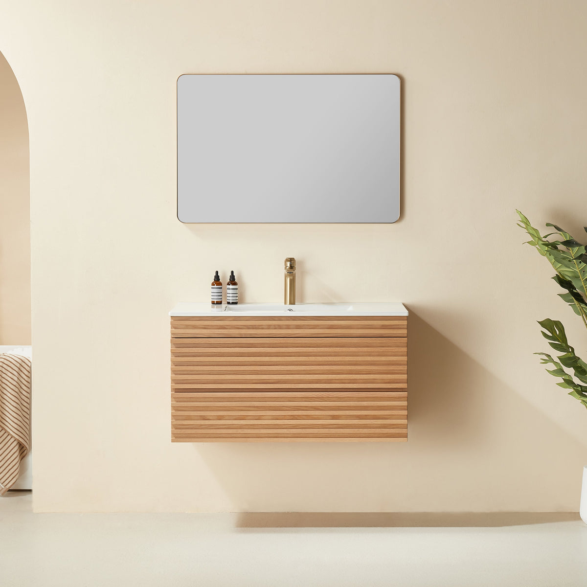 36" Wall Mounted Floating Single Vanity Cabinet with Ceramic Top - White