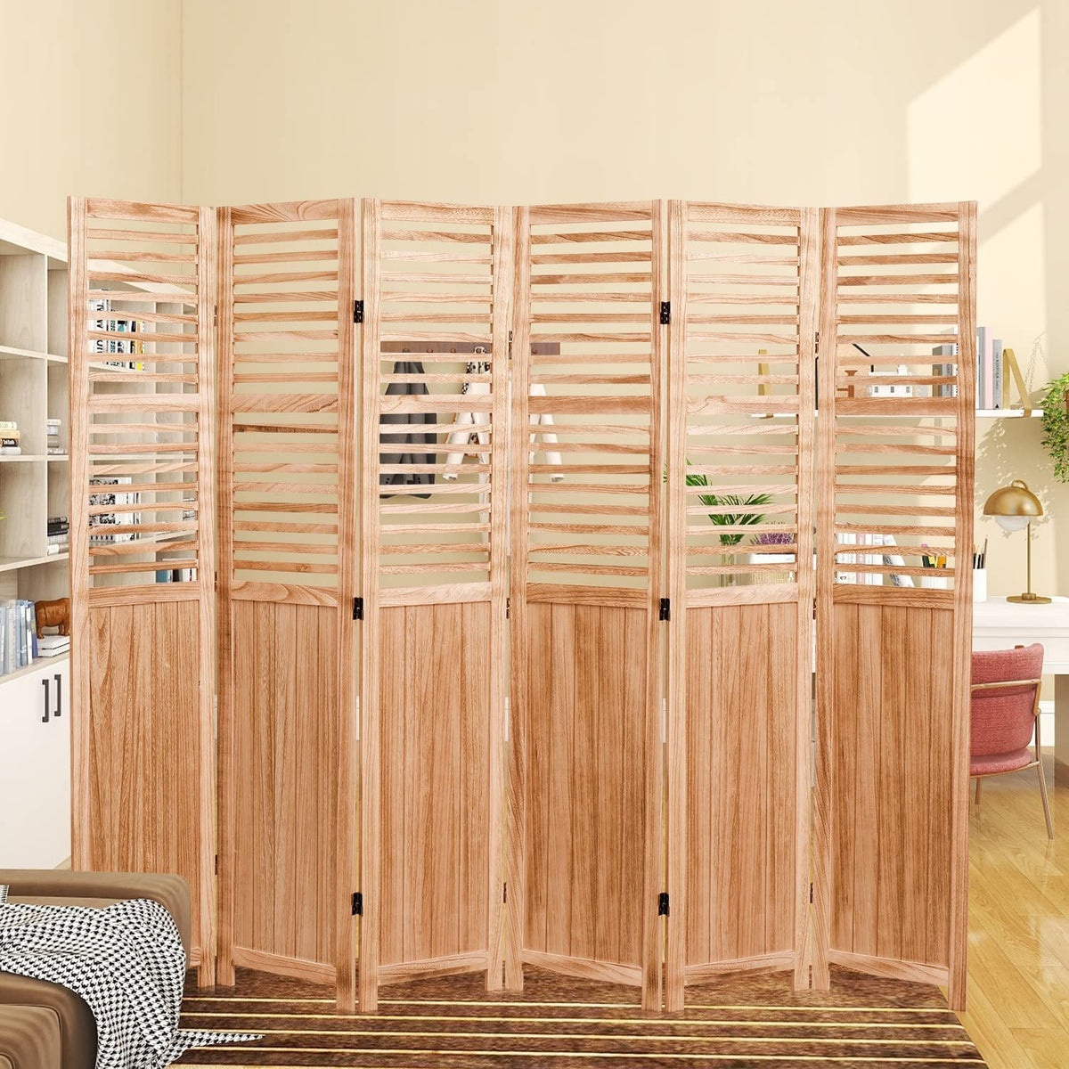 Light Brown Panel Folding Room Divider with Metal Hinges - Solid Wood