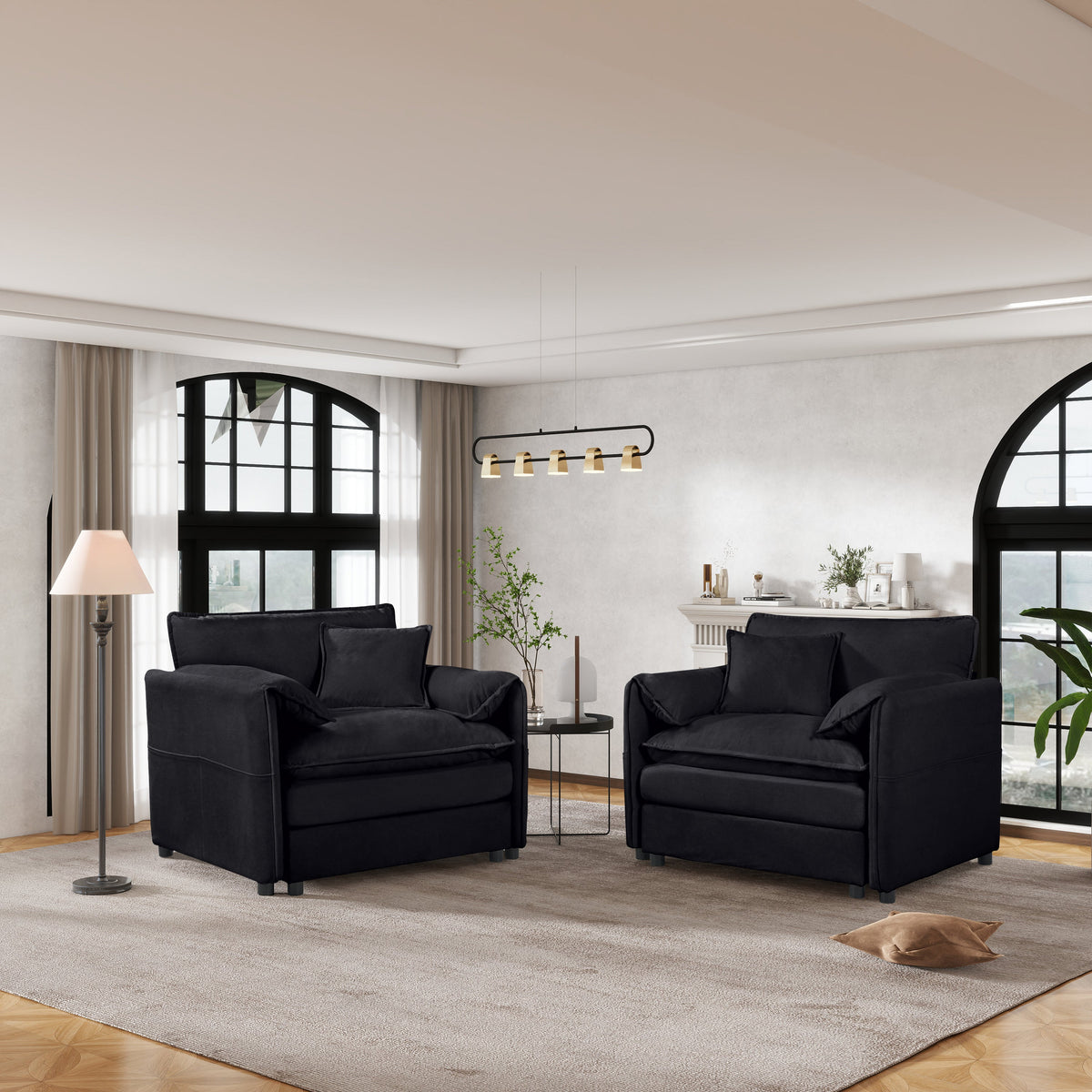 Oversized Chenille Accent Chair Set of 2 with Plush Cotton Upholstery - Neutral
