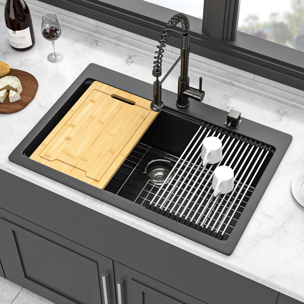 Granite Composite Quartz Kitchen Sink with Workstation - Drop In - Black or White