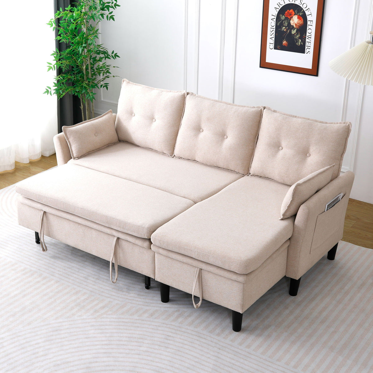 Reversible Chaise Sleeper Sectional Sofa with Storage - Cotton-Linen Upholstery