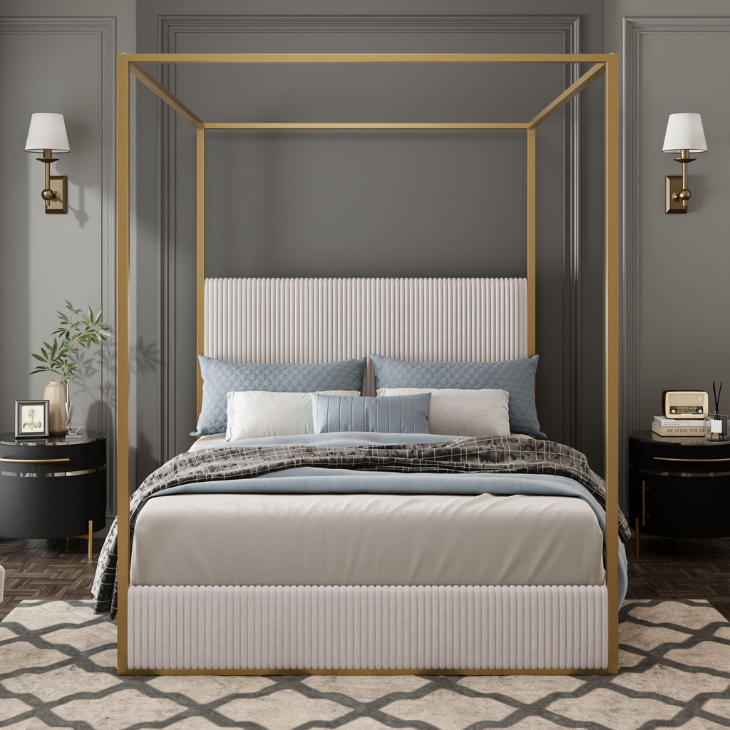 Luxury Canopy Bed with Upholstered Headboard - King, Beige