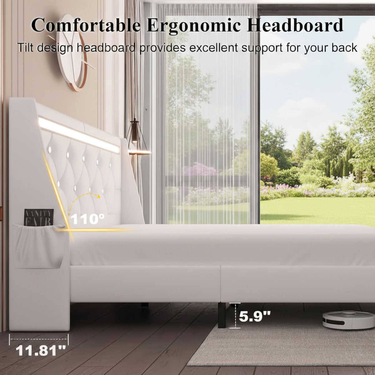 Wingback Upholstered Bed Frame with LED Lights and Charging Station - Black or White