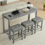 59 Inch Bar Table and Chair Set with Power Outlet - Solid Wood & MDF