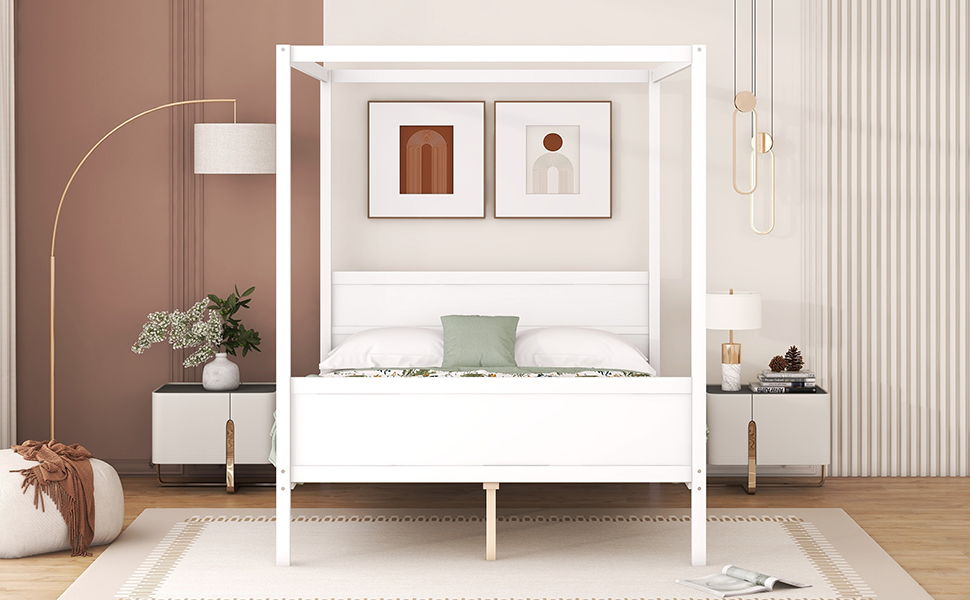 Canopy Platform Bed with Headboard and Footboard, Slat Support Leg - Queen
