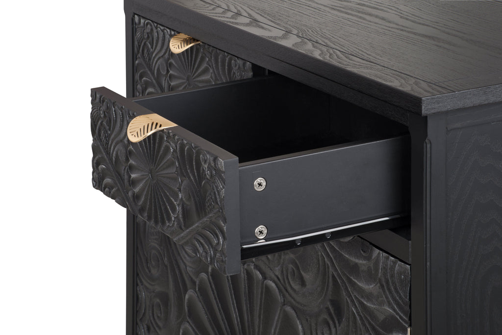 Hand-Carved Accent Cabinet with Intricate Floral Embossing - Black/Floral
