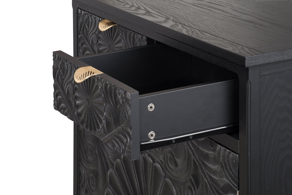 Hand-Carved Accent Cabinet with Intricate Floral Embossing - Black/Floral