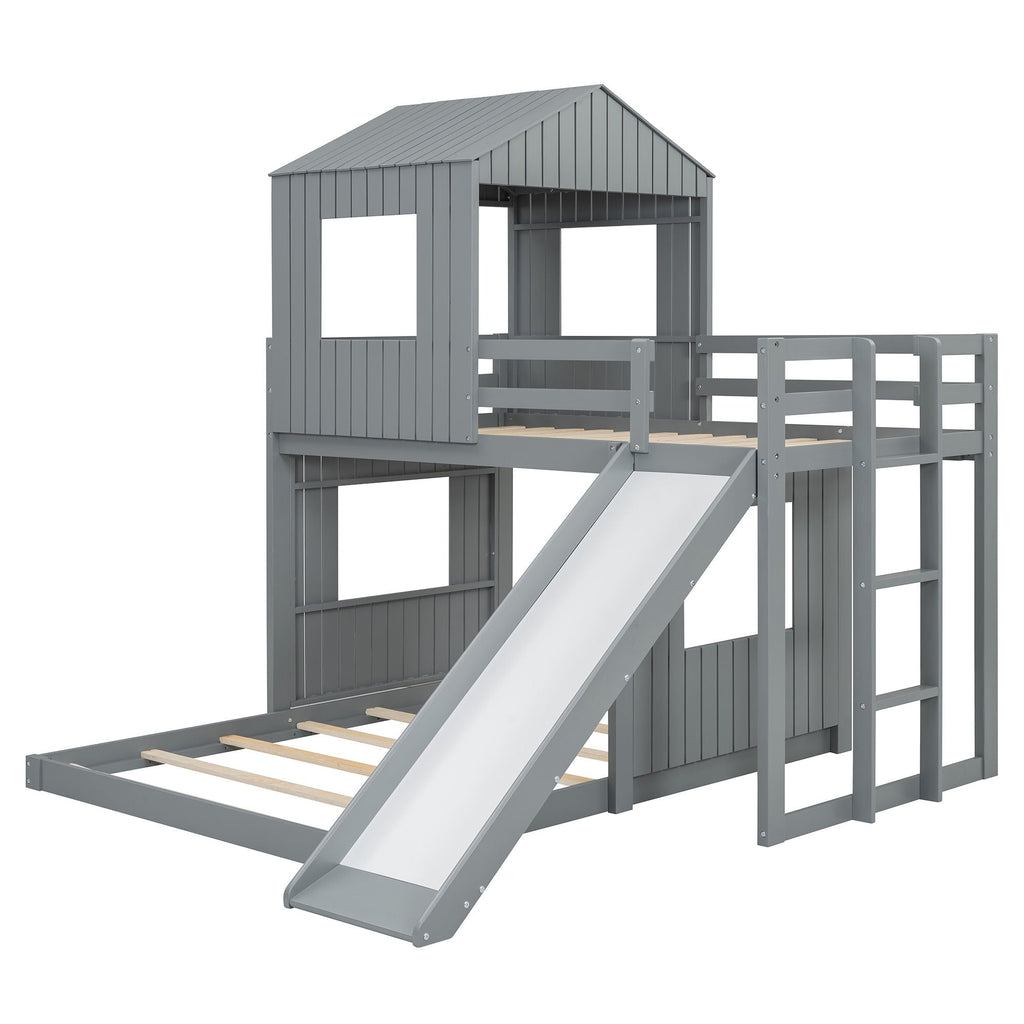 Loft Bunk Bed With Playhouse, Slide, and Guardrails - Twin Over Full