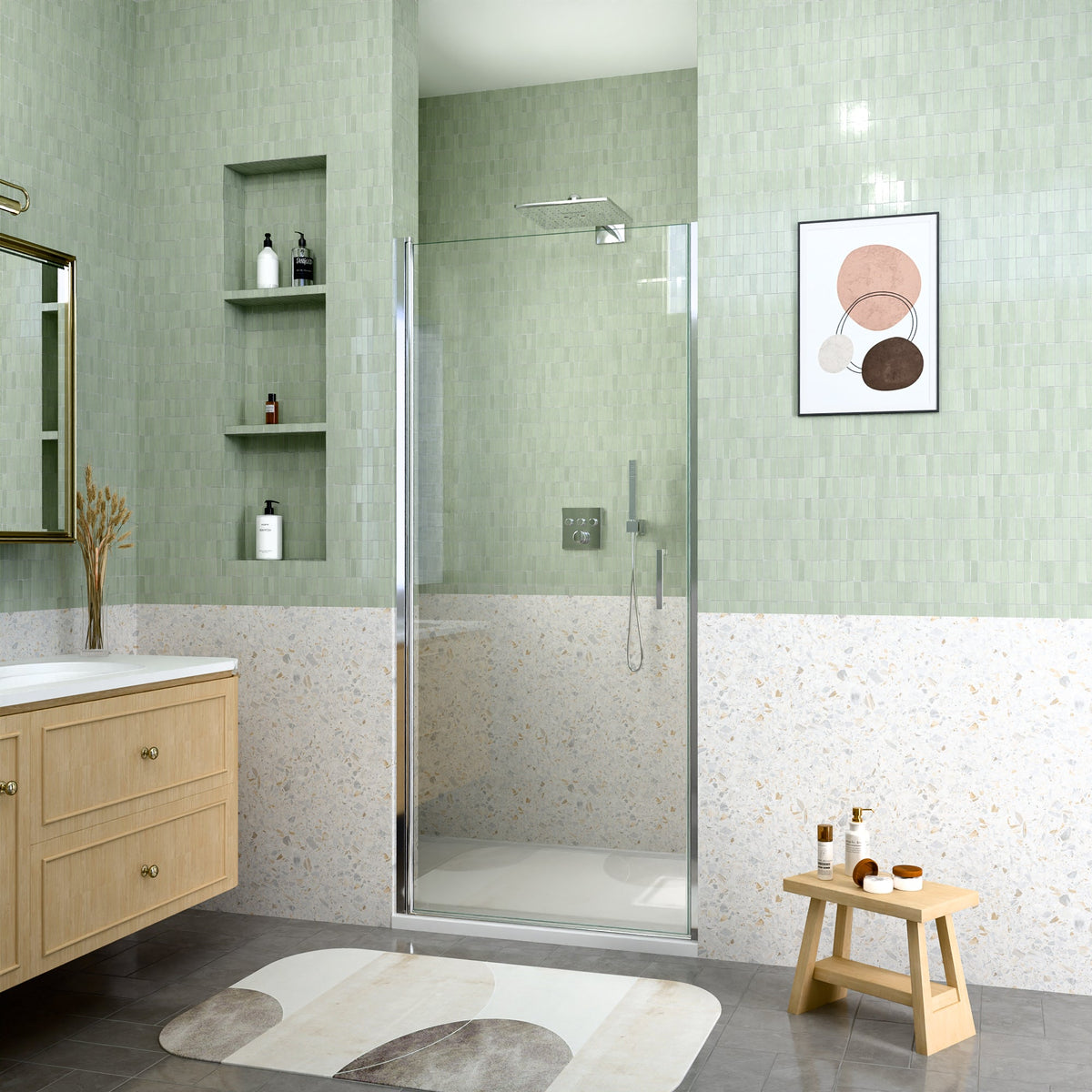 Semi-Frameless Pivot Shower Door with Magnetic Soft-Close - Chrome