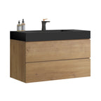 Natural Oak Bathroom Vanity with Floating Quartz Sink - Light Brown
