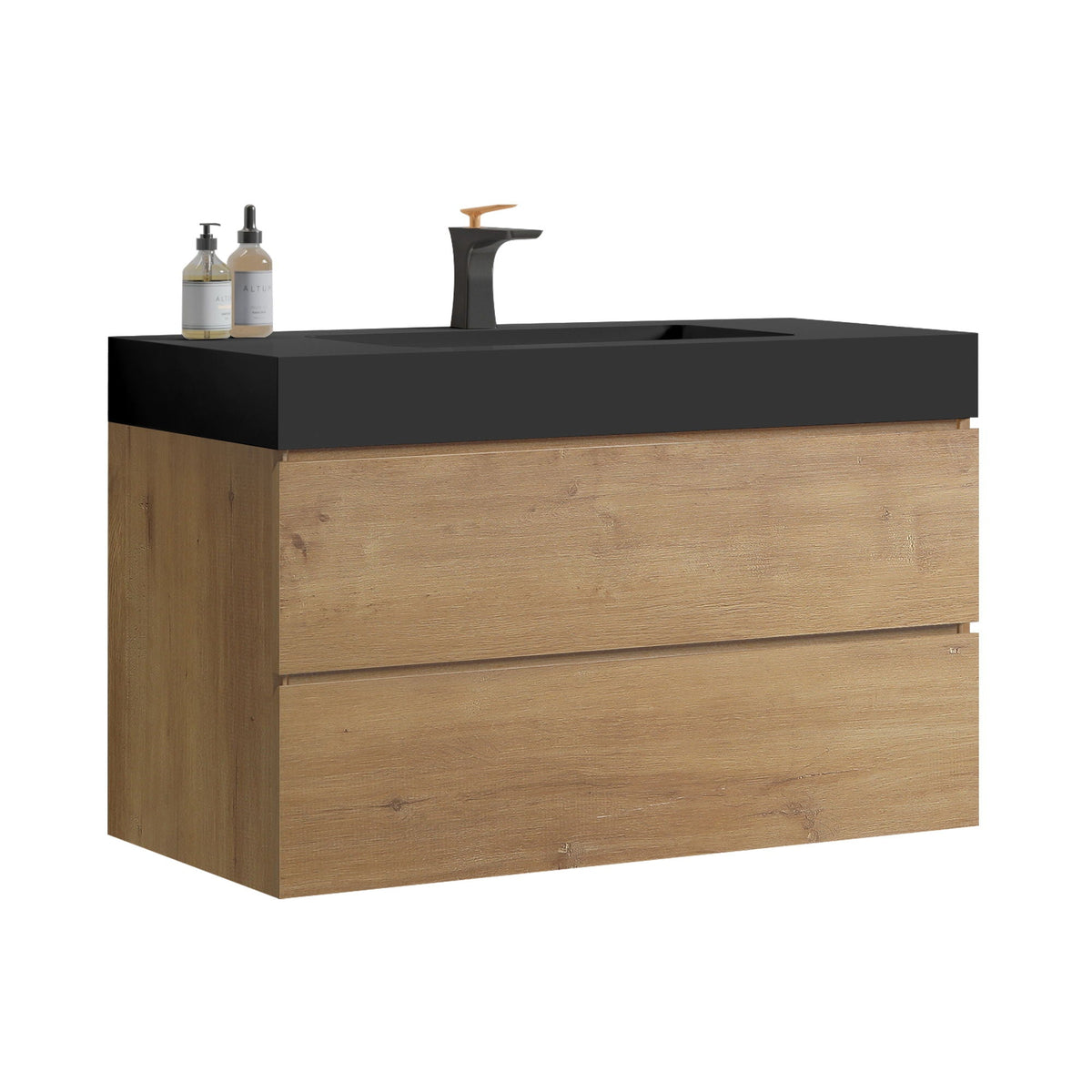 Natural Oak Bathroom Vanity with Floating Quartz Sink - Light Brown