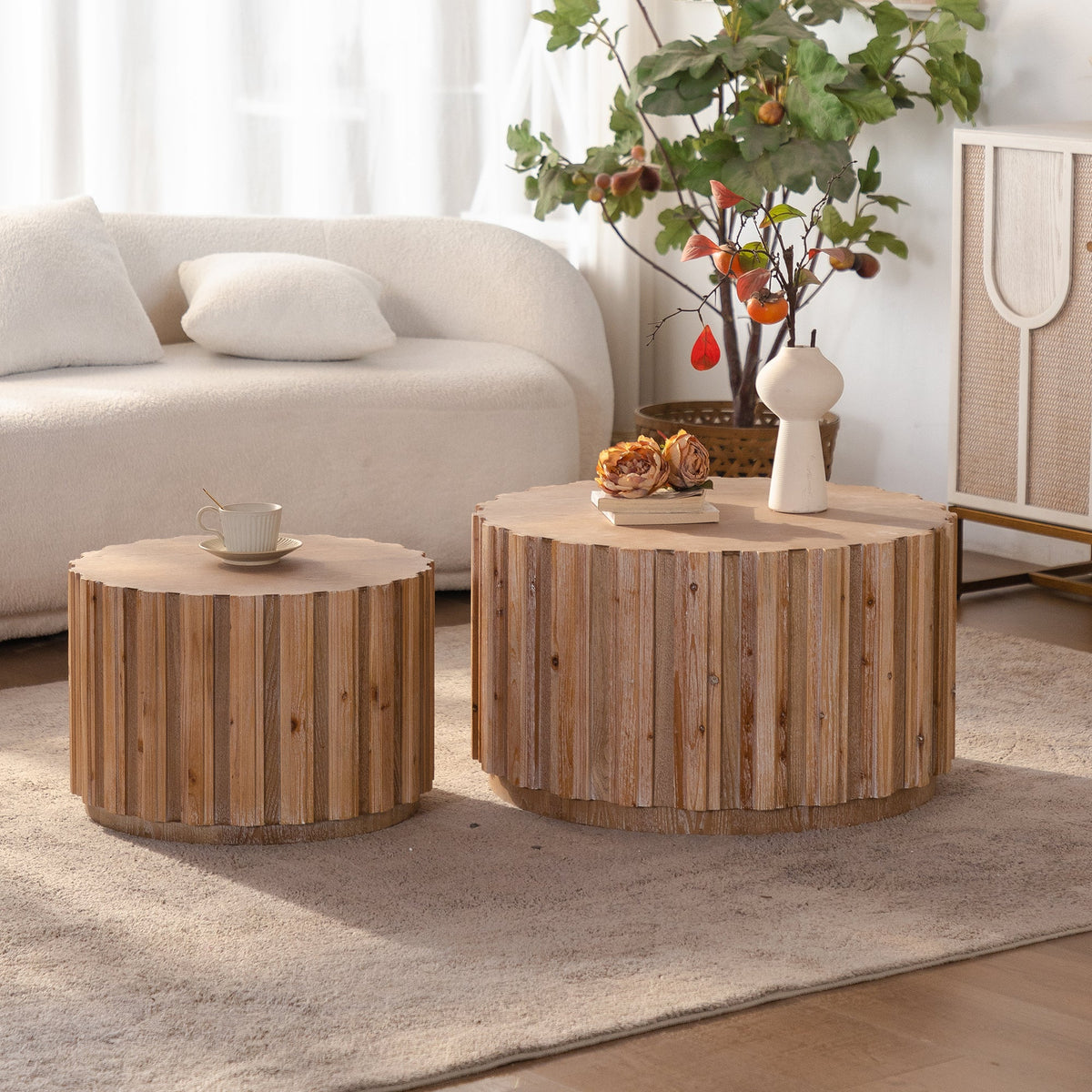 Round Nesting Coffee Table Set of 2 with Vertical Slatted Design - Walnut Brown or Natural Wood