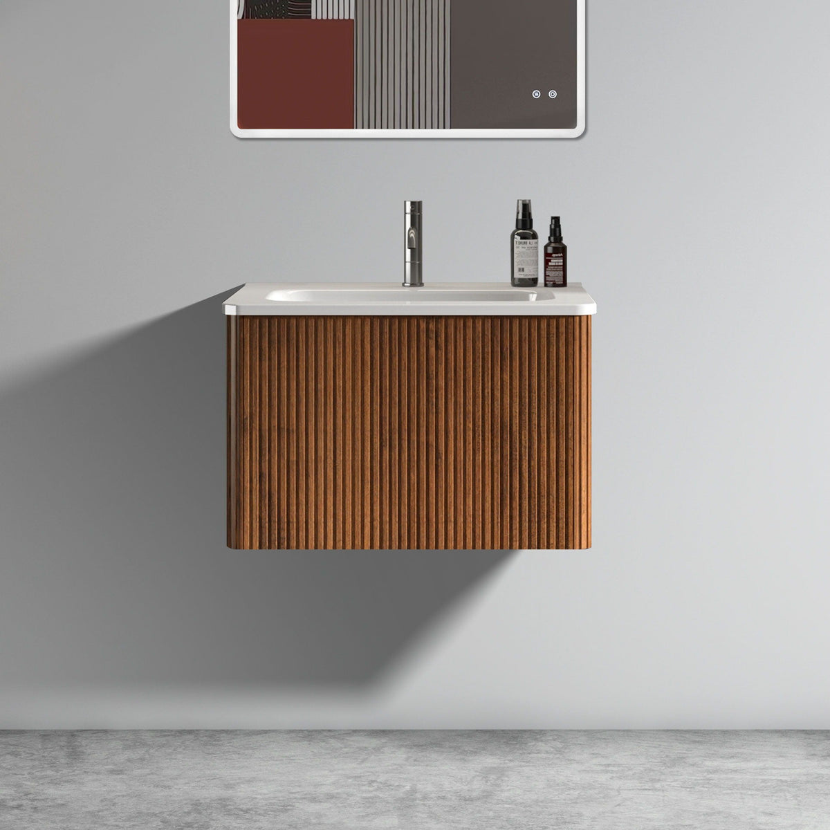 Striped Bathroom Vanity with Ceramic Sink - Wall Mounted, Floating, Curved Safety Edges