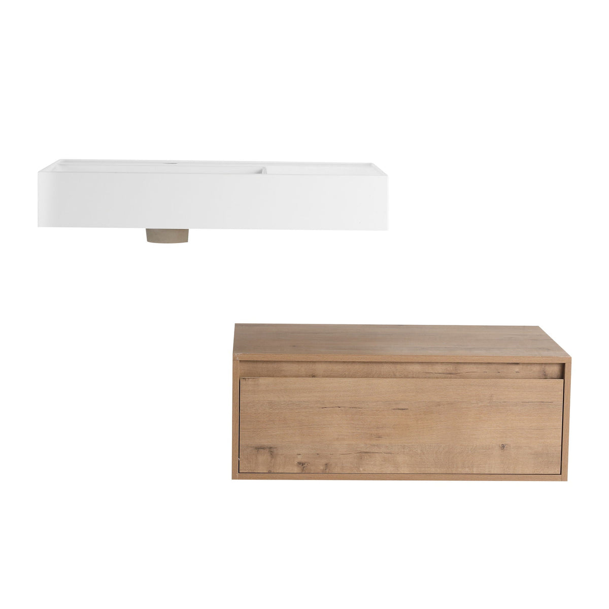 Modern Wall Mounted Bathroom Vanity with Resin Sink and Side Cabinet - Imitative Oak