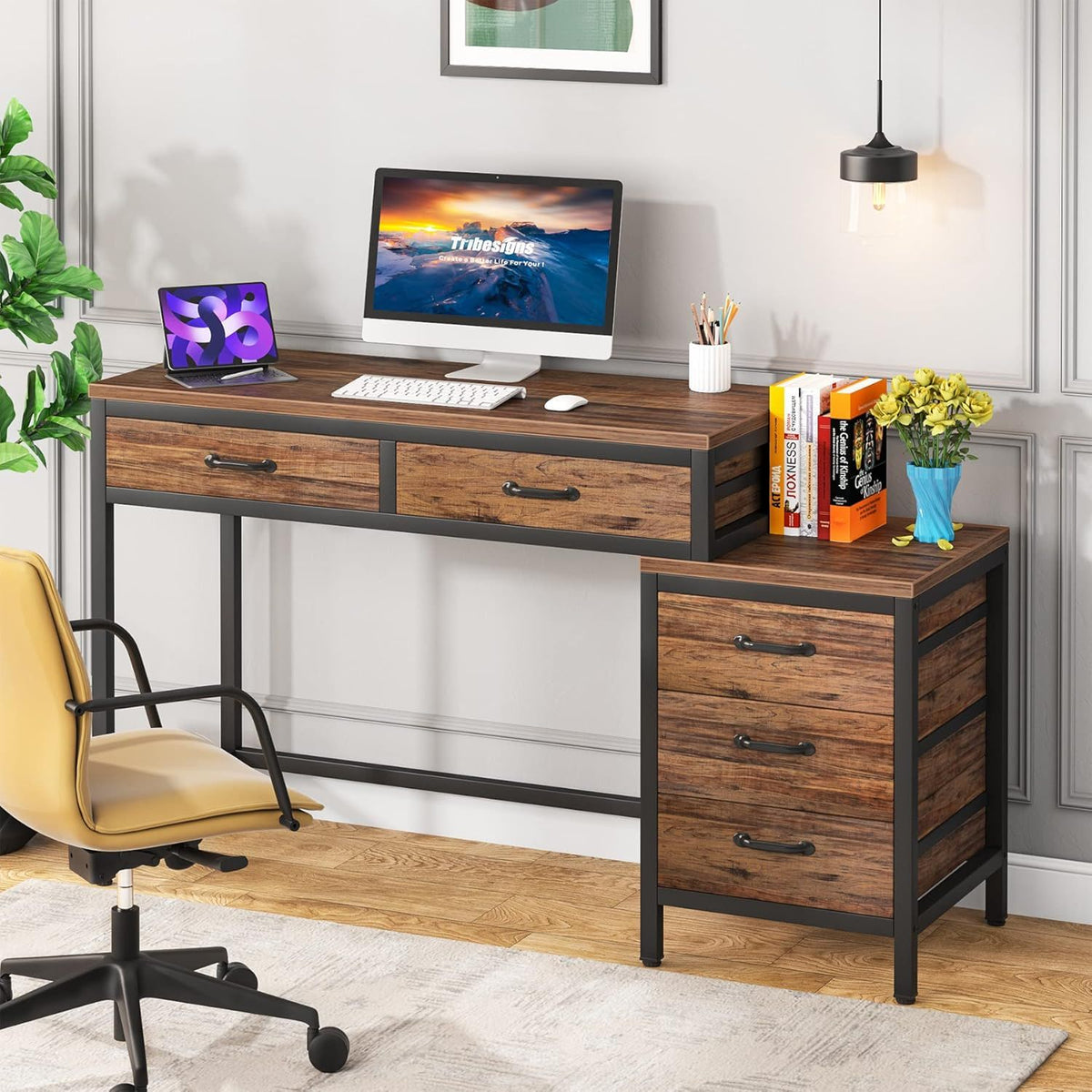 Computer Desk with Reversible 5 Drawer Storage - White or Light Brown