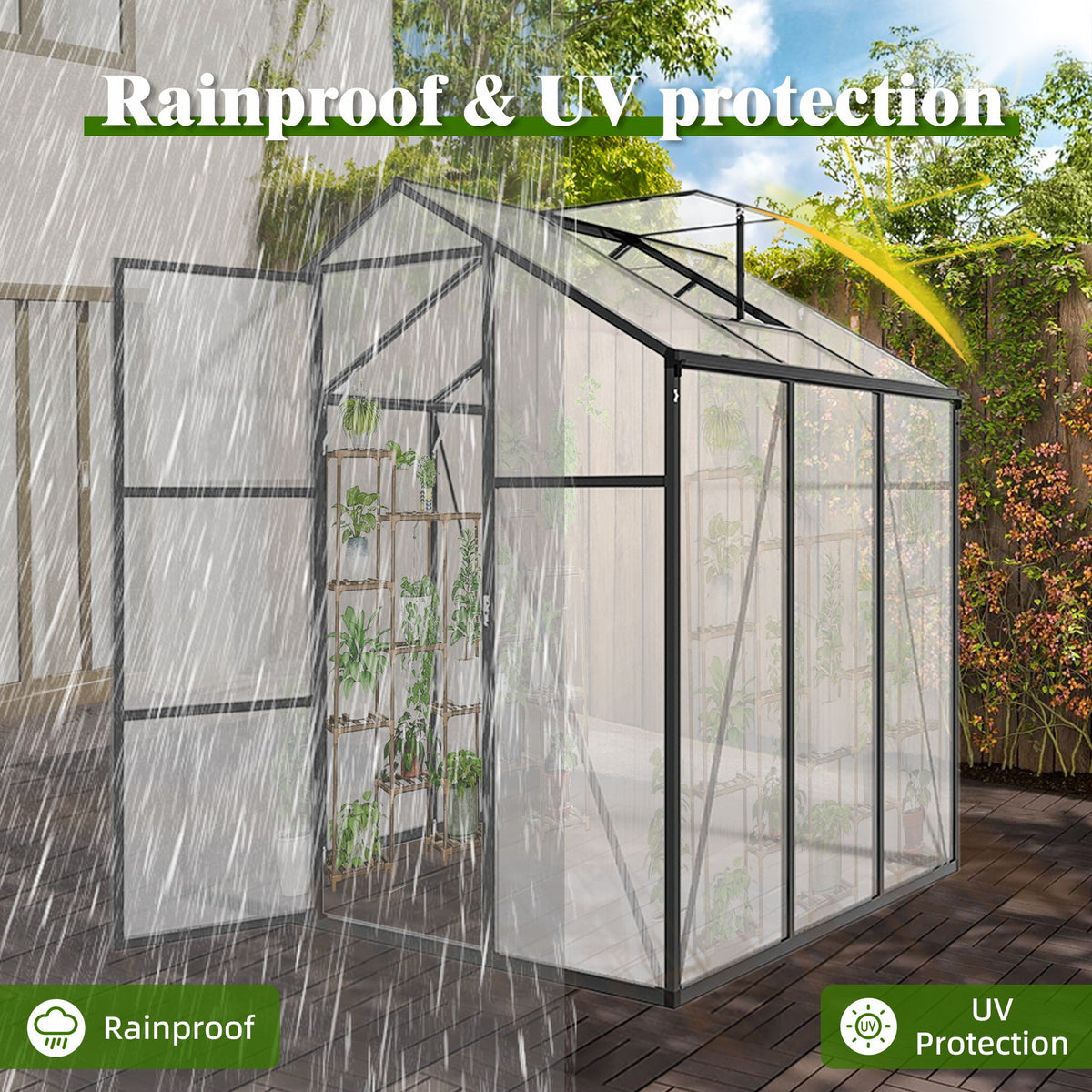 Windproof Greenhouse with Raised Base - Polycarbonate Panels - Black