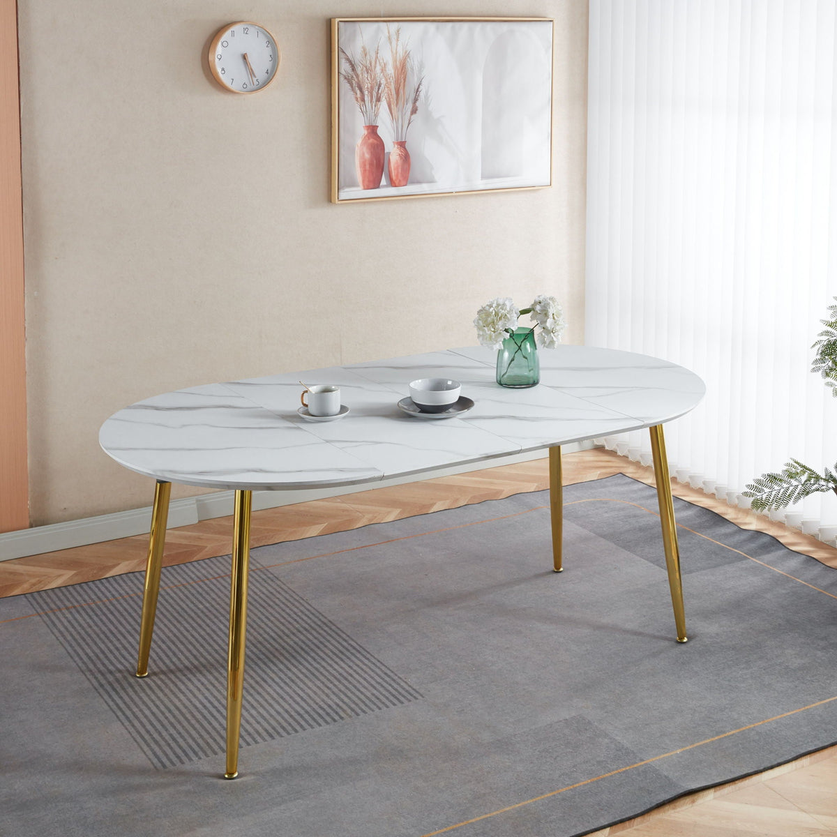 Extendable Oval Dining Table with Durable White Marble Top - White