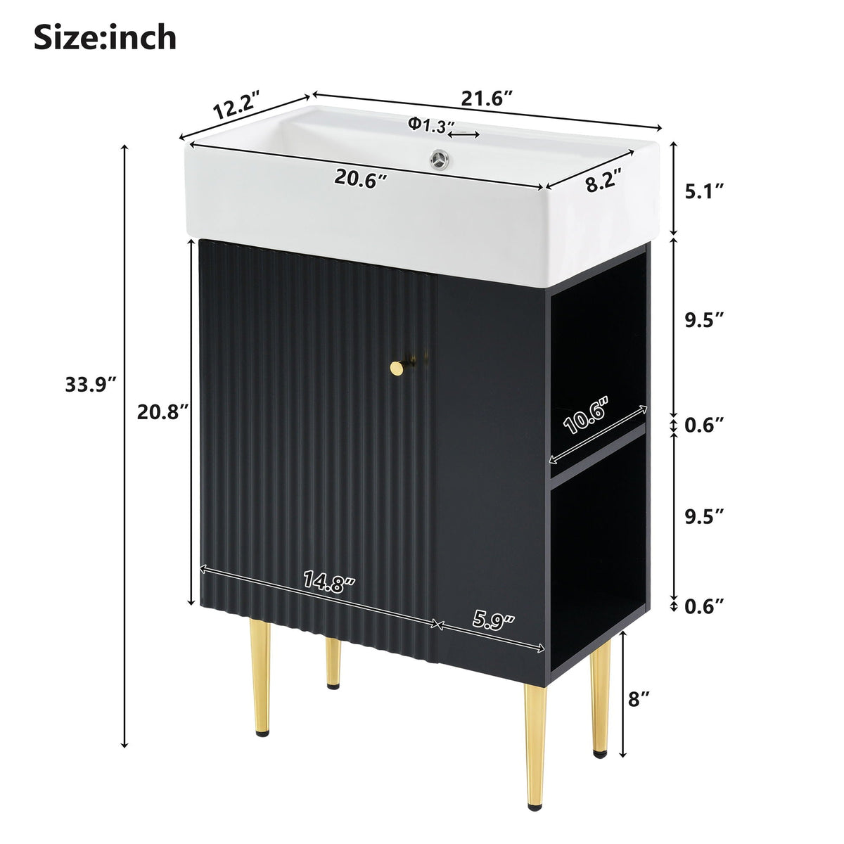 Bathroom Vanity with Single Ceramic Sink and Side Storage - Multiple Colors