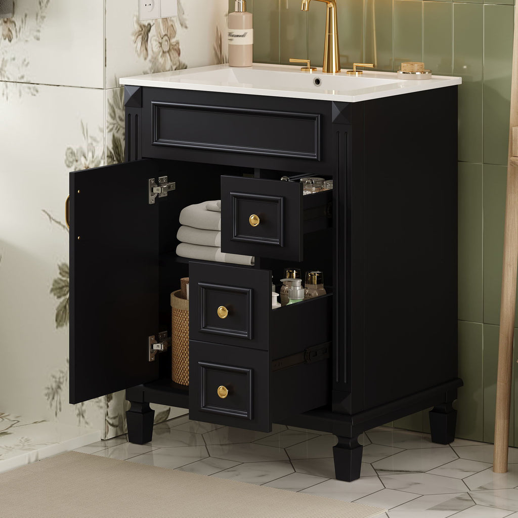 Compact Bathroom Vanity with Ceramic Sink and Storage Drawers - White, Green, Black