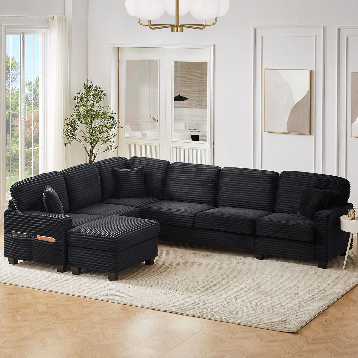 U-Shaped Upholstered Sectional Sofa with Movable Ottoman
