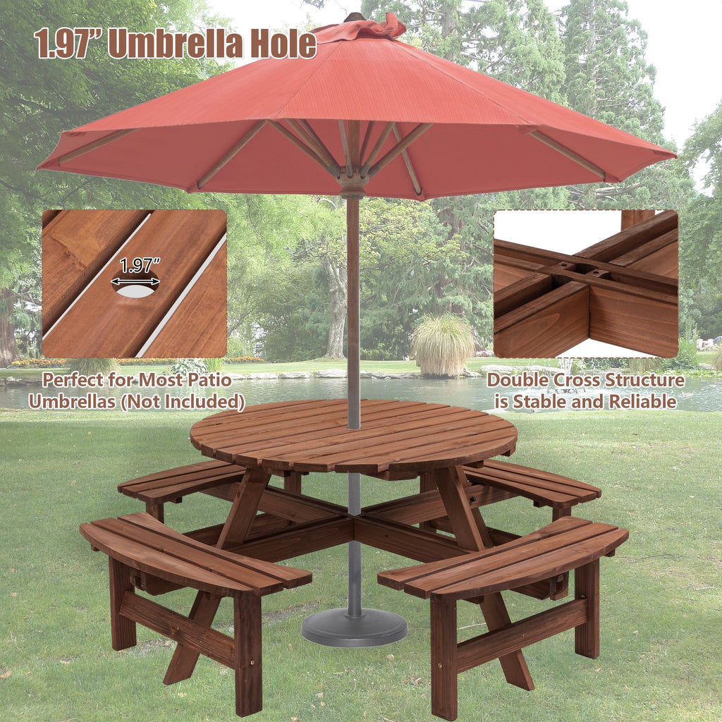 8 Person Wooden Picnic Table with Umbrella Hole - Brown