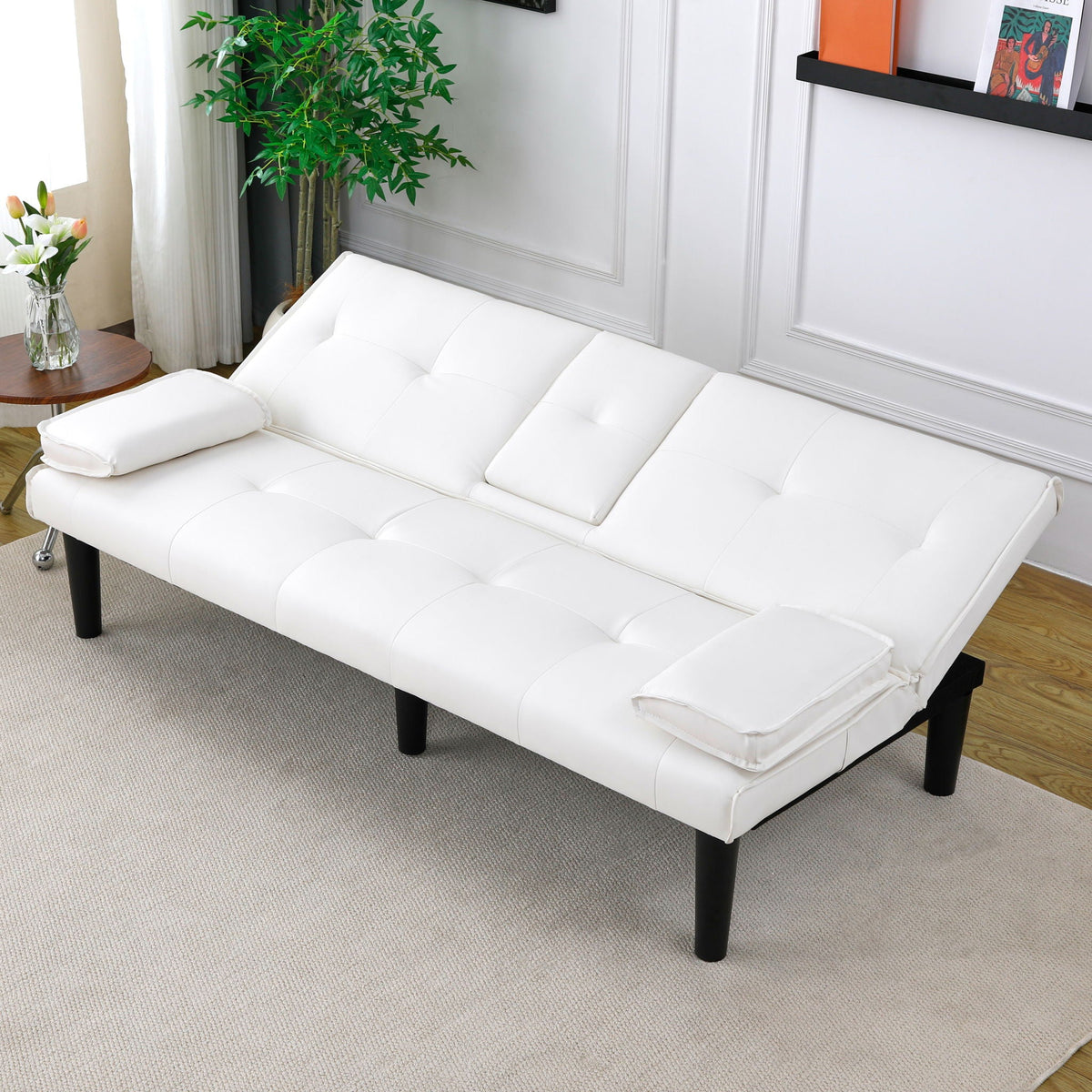 Foldable Sofa Bed with Cup Holder and Solid Wood Frame - Multiple Colors