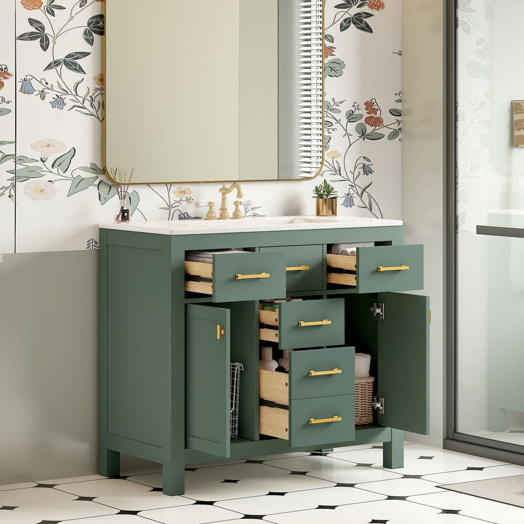Modern Bathroom Vanity With 36" Resin Sink – 4 Drawer Storage Cabinet