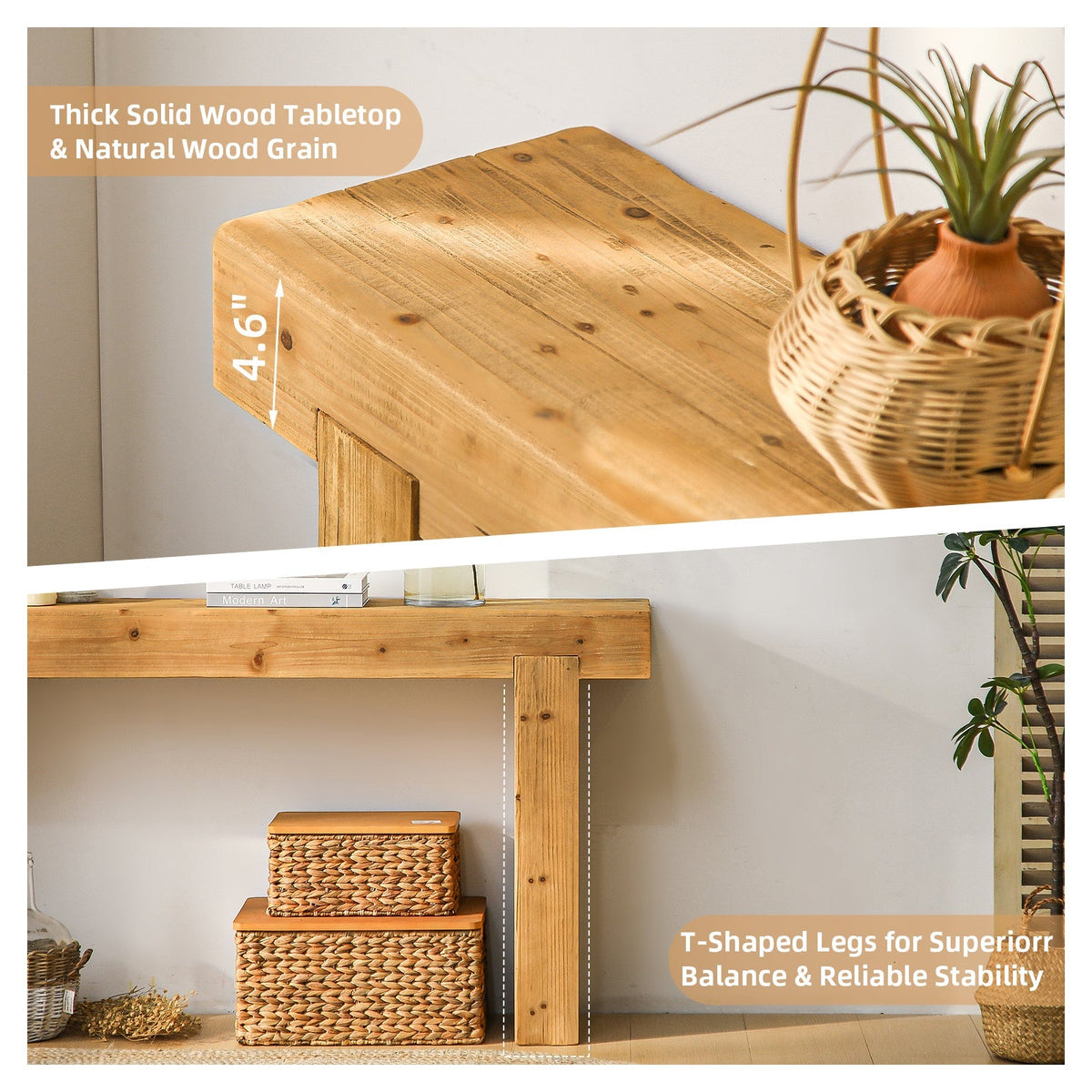 Solid Wood Console Table with Rustic Farmhouse Style – Natural Wood