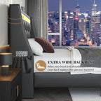 Wingback Upholstered Bed Frame with LED Lights and Charging Station - Black or White