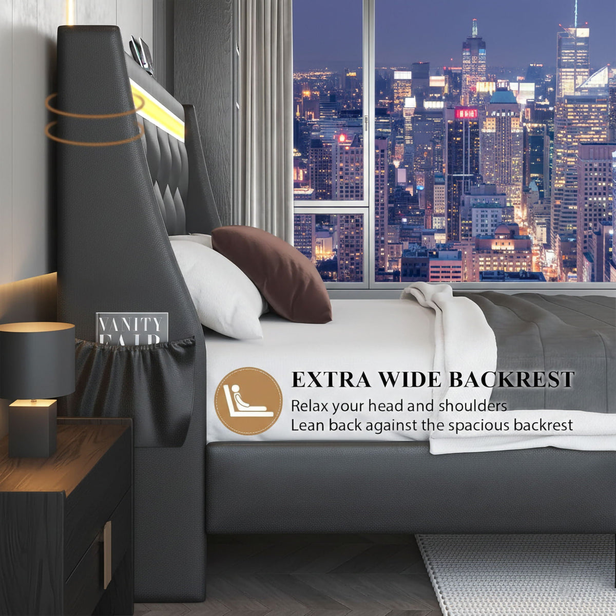 Wingback Upholstered Bed Frame with LED Lights and Charging Station - Black or White
