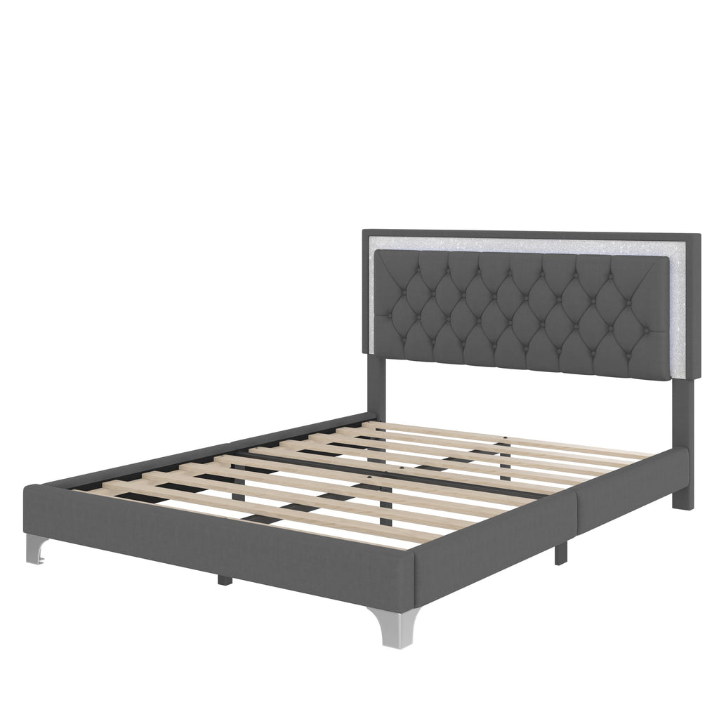 Queen Upholstered Platform Bed with LED Lights - 3-Piece Set, Gray