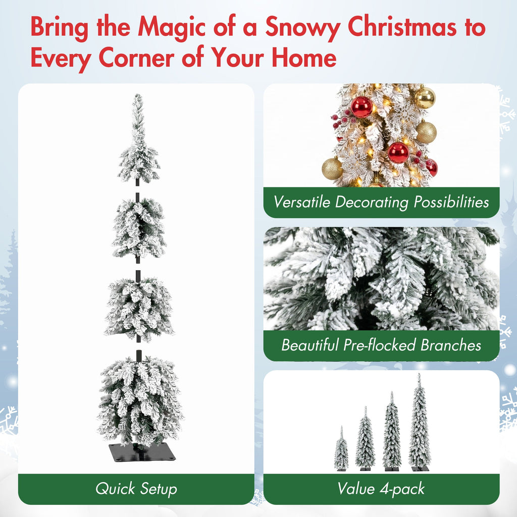 Pre-Flocked Pencil Christmas Trees 4 Pack with Easy Setup - White Flocked