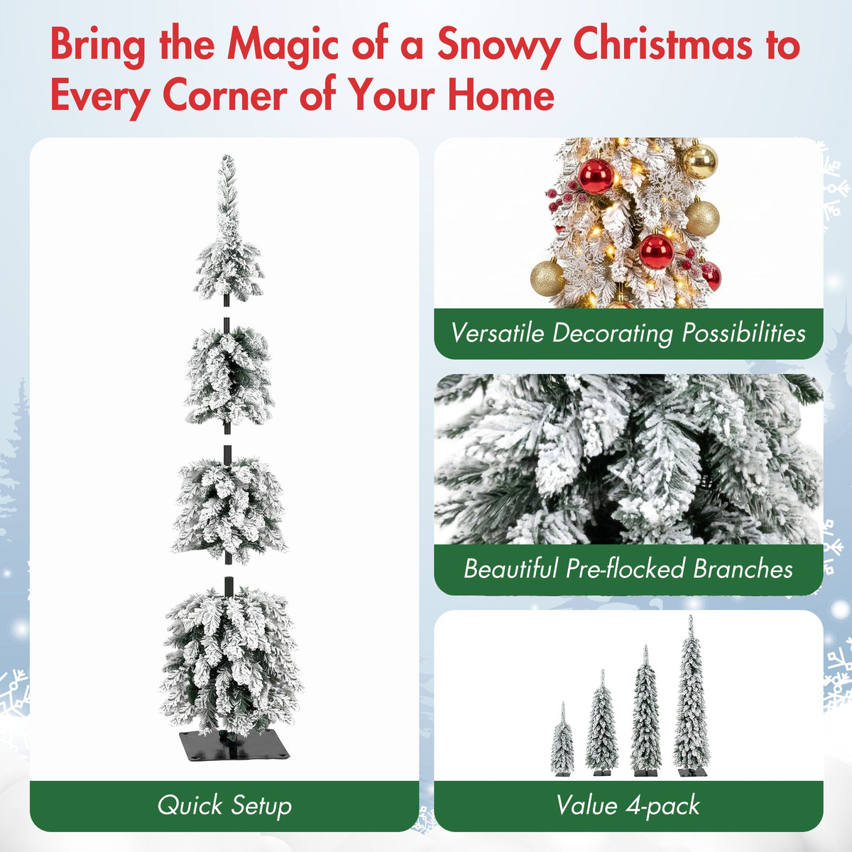 Pre-Flocked Pencil Christmas Trees 4 Pack with Easy Setup - White Flocked