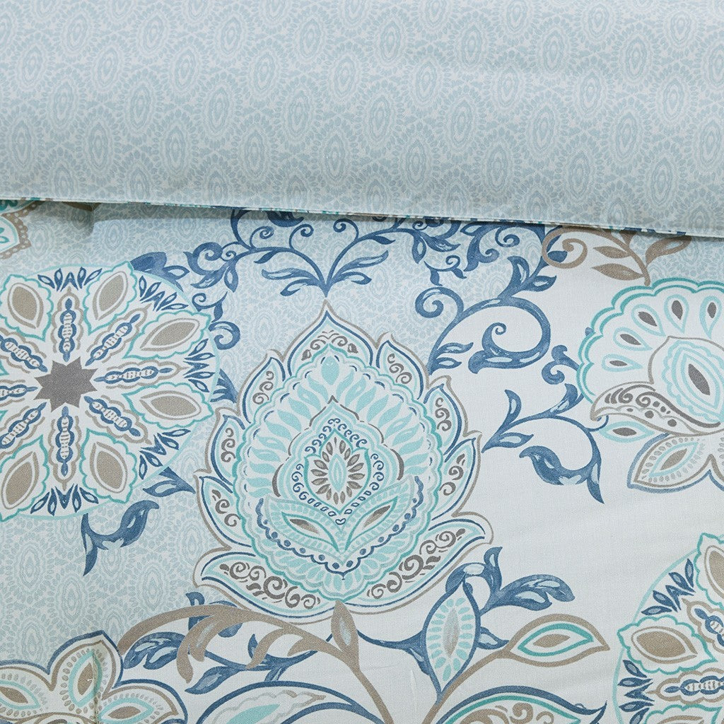 8 Piece Cotton Floral Reversible Comforter Set with Decorative Pillows - Blue