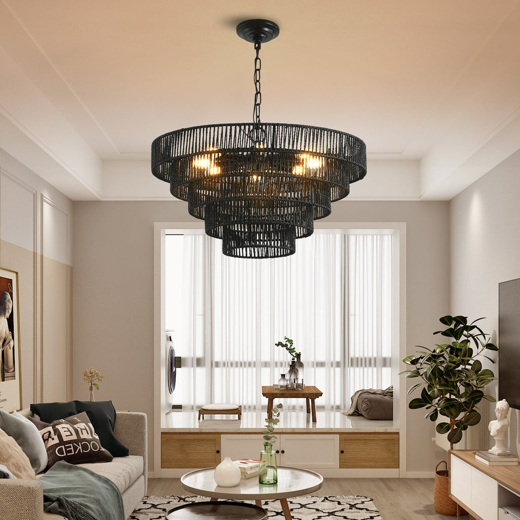 Rustic 5-Tier Hemp Rope Chandelier with 8 Lights - Black