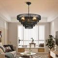 Rustic 5-Tier Hemp Rope Chandelier with 8 Lights - Black