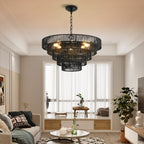 Rustic 5-Tier Hemp Rope Chandelier with 8 Lights - Black