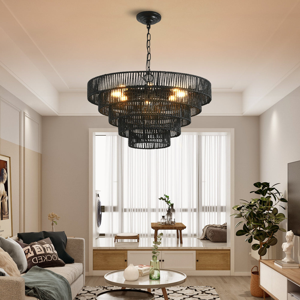 Rustic 5-Tier Hemp Rope Chandelier with 8 Lights - Black