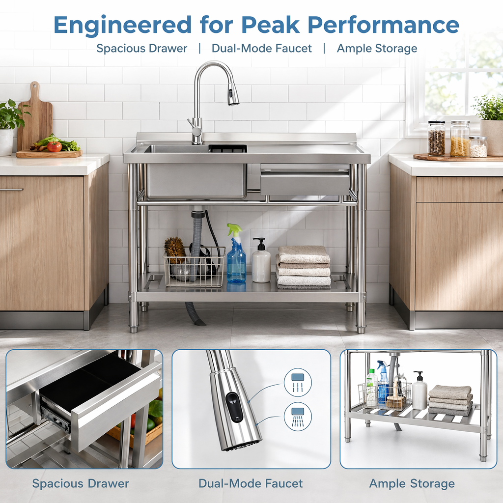 Stainless Steel Utility Sink with Pull-Out Faucet - Silver