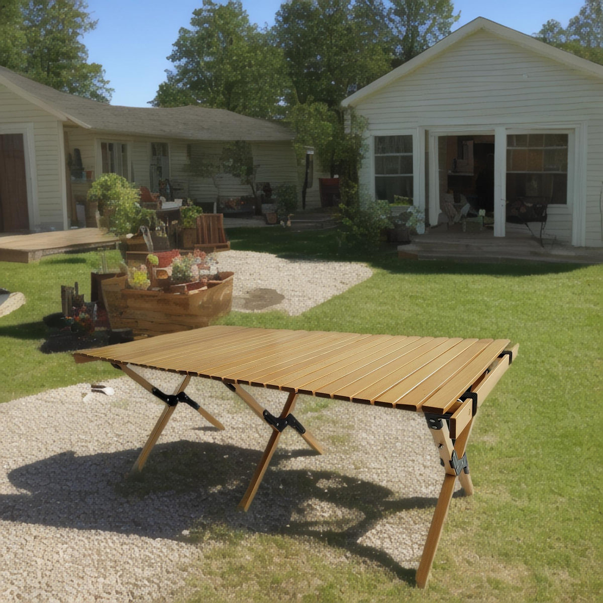 Multi-Function Wooden Foldable Patio Dining Table with Roll-Up Top - Natural