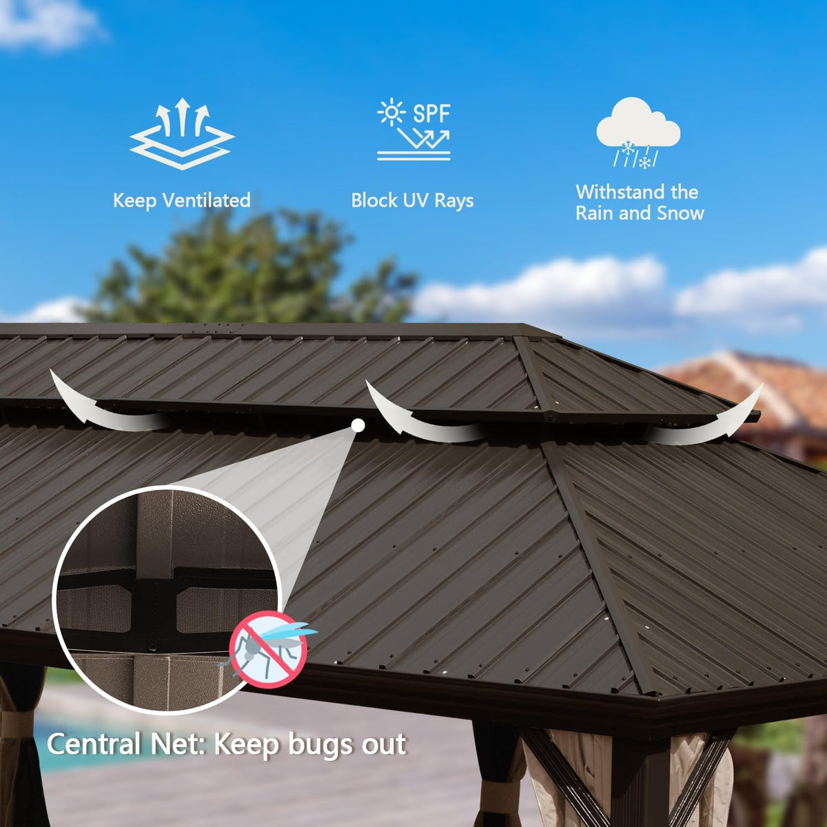 14x22FT Hardtop Gazebo with Galvanized Steel Double Roof - Gray