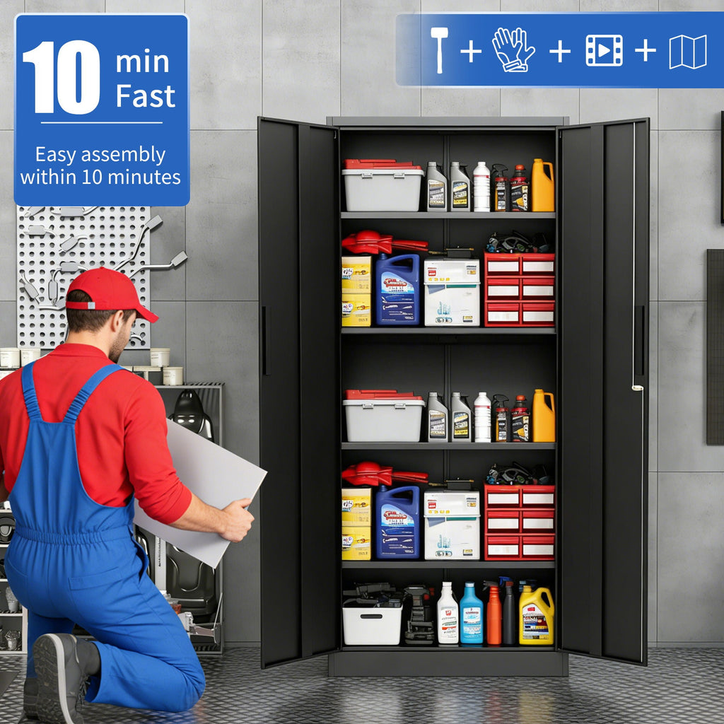Steel Garage Storage Cabinet with Adjustable Shelves and Lock – Black or White