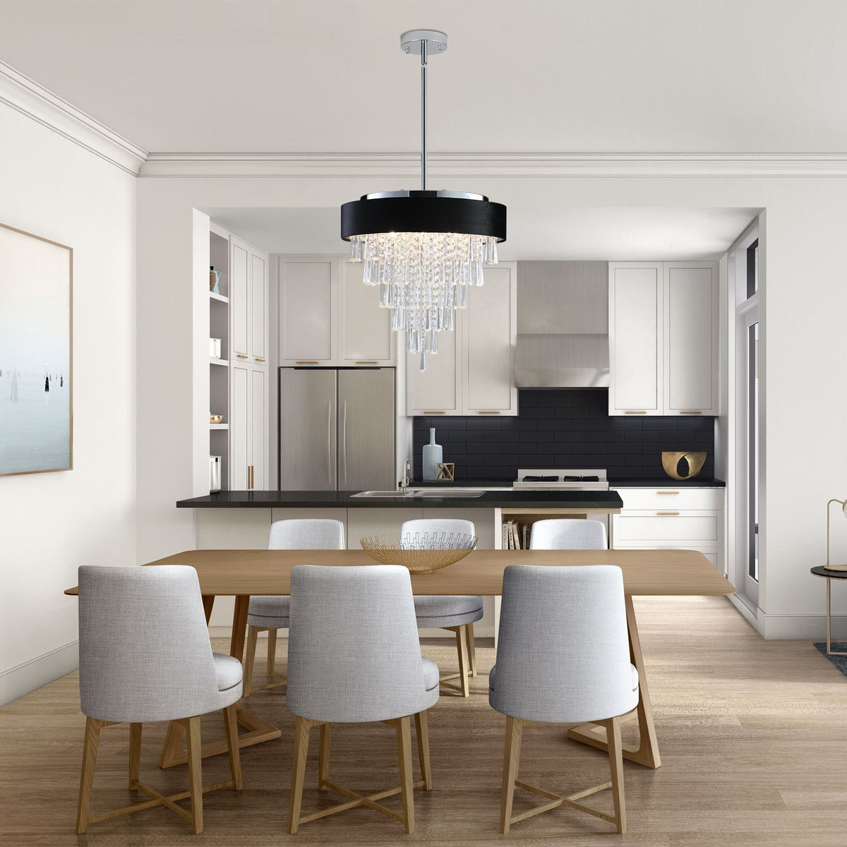 18-Inch Modern Crystal Chandelier with Black Velvet Shade - Transparent