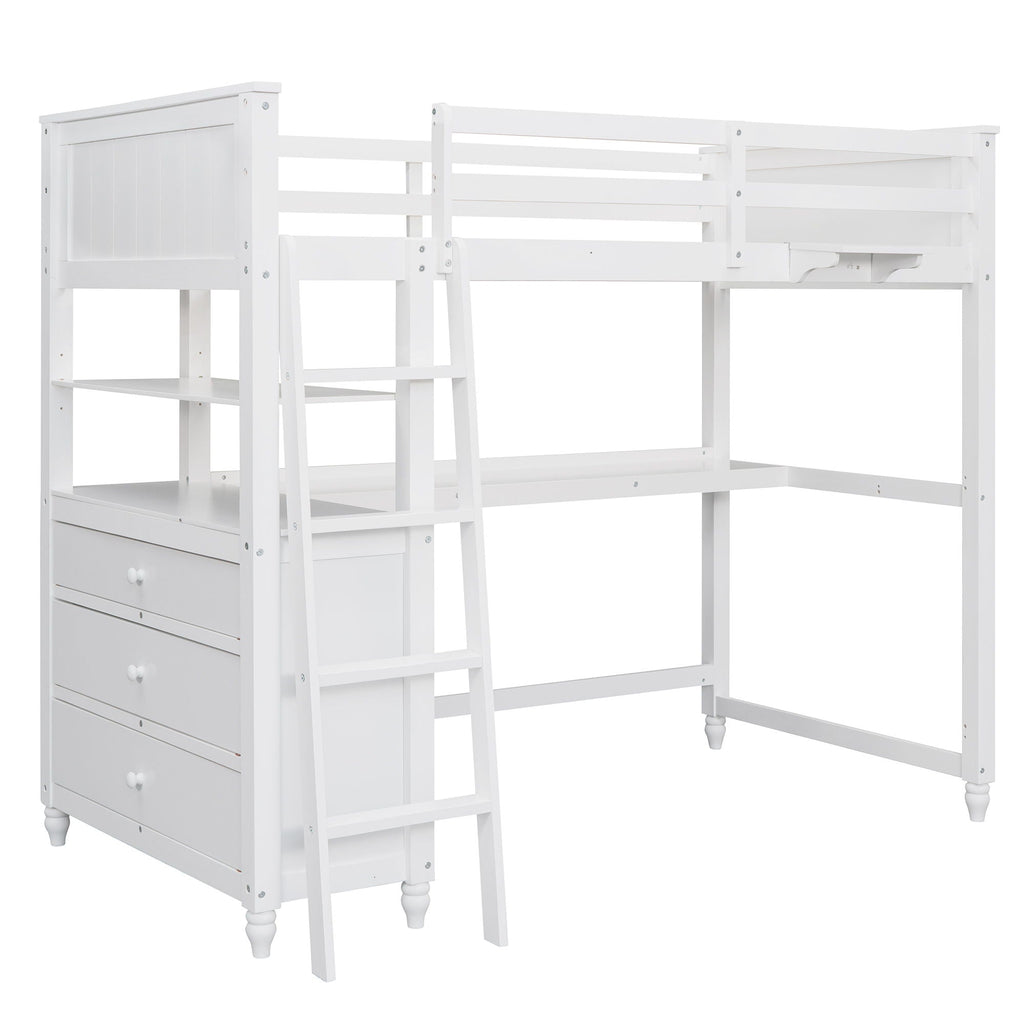 Twin Loft Bed with Drawers and Desk - White