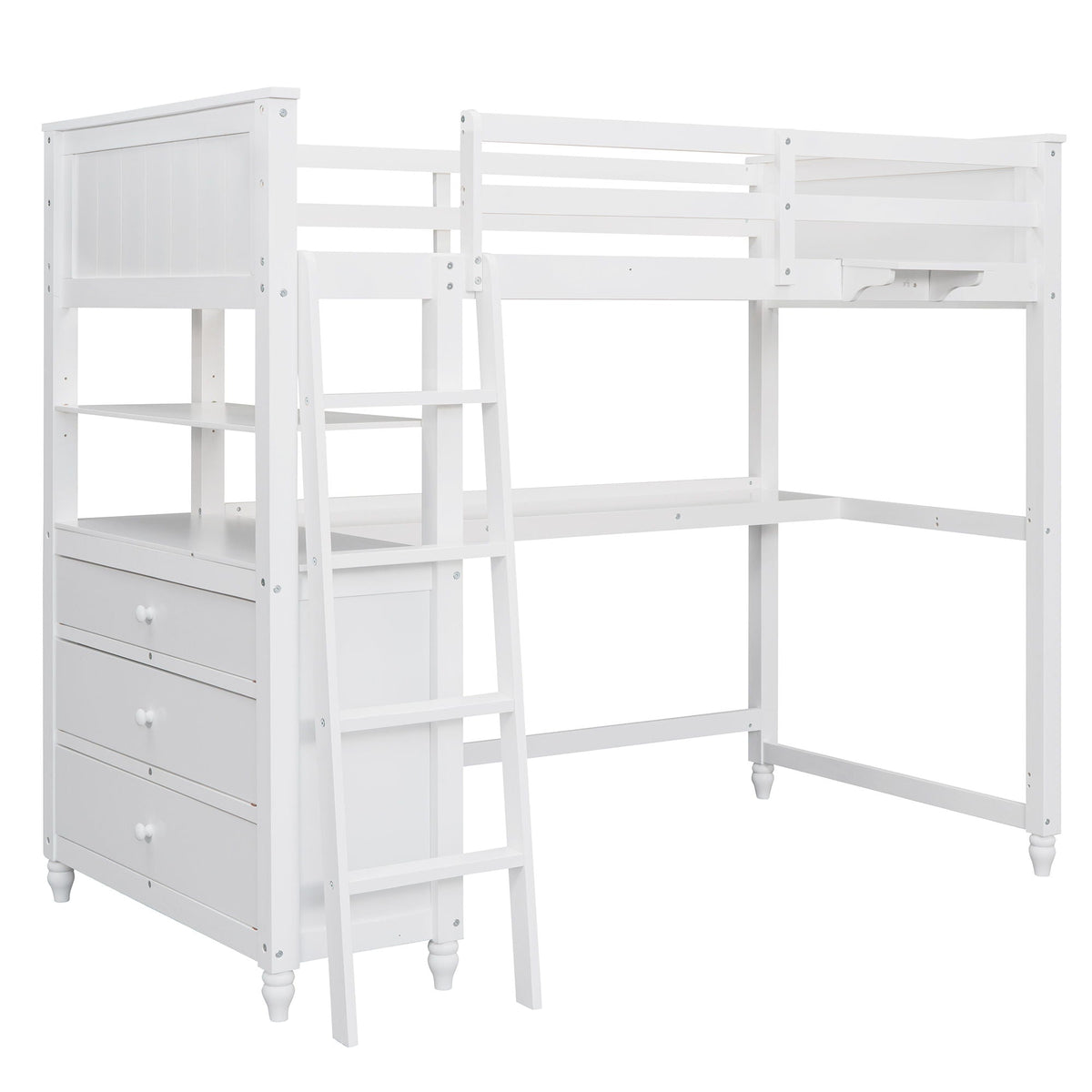 Twin Loft Bed with Drawers and Desk - White