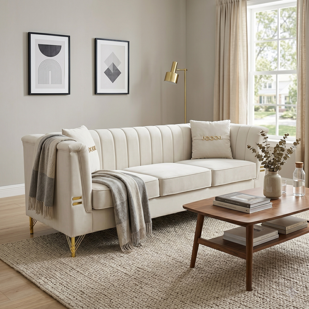 FX-P82B-BE Velvet 3-Seater Sofa