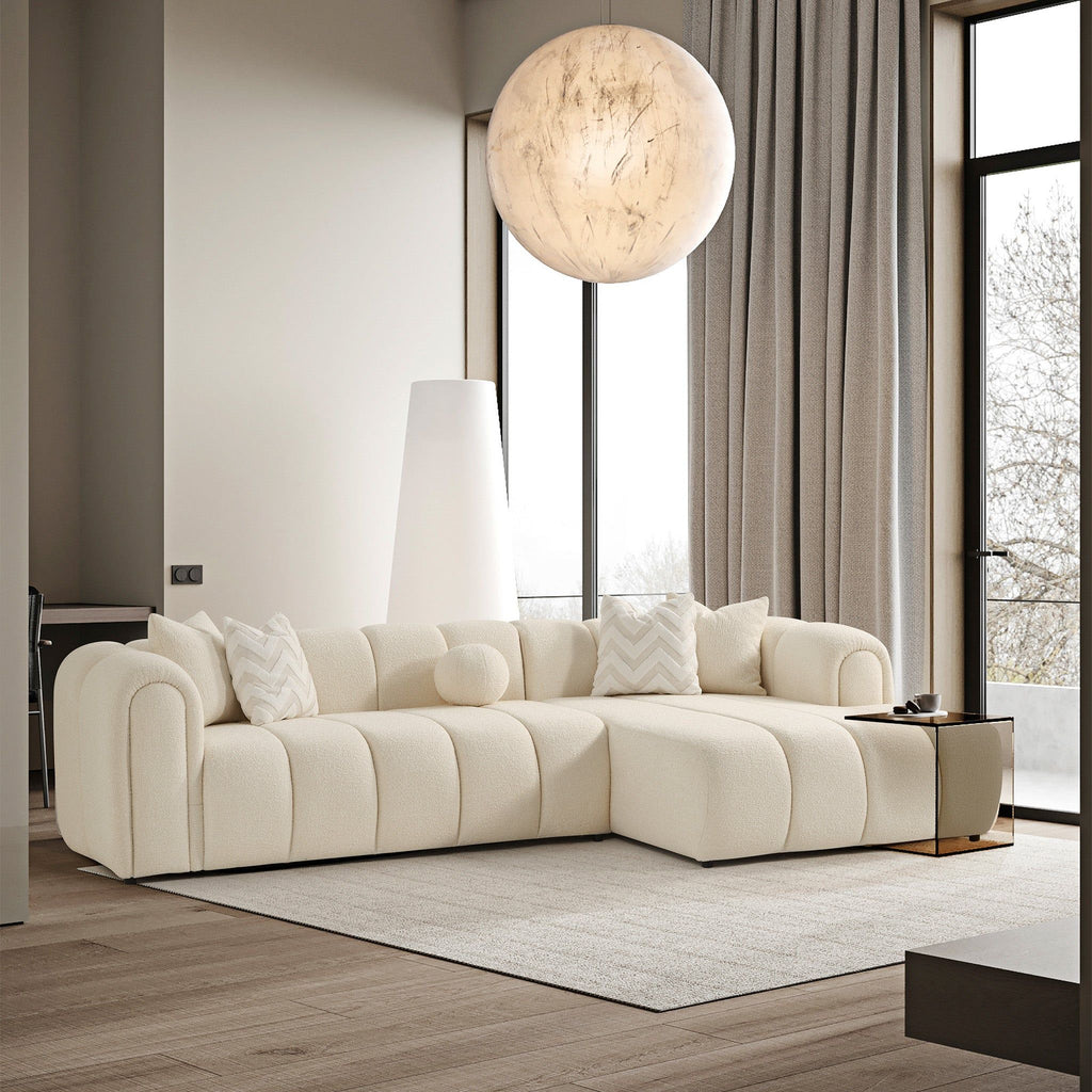 Modern Tufted Right Sectional Sofa with Toss Pillows - Ivory