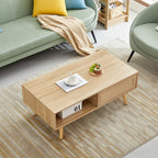 Rattan Coffee Table with Sliding Storage Door – Solid Wood Legs - Light Brown, White, or Dark Brown