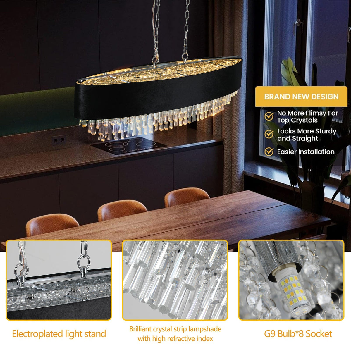 39" Modern Crystal Chandelier with Black Velvet Shade